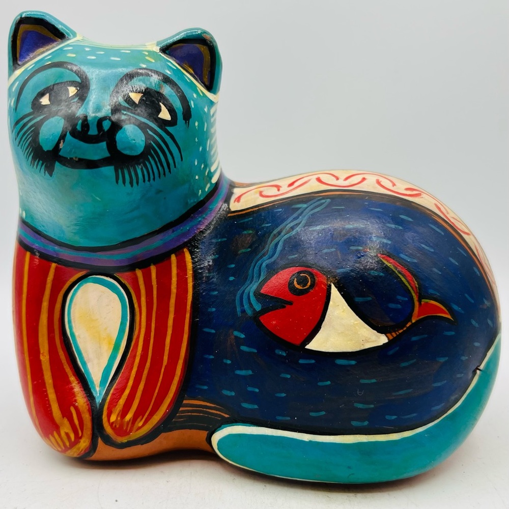 Mexican Tonala Pottery Cat.  Handmade hand painted   Colorful